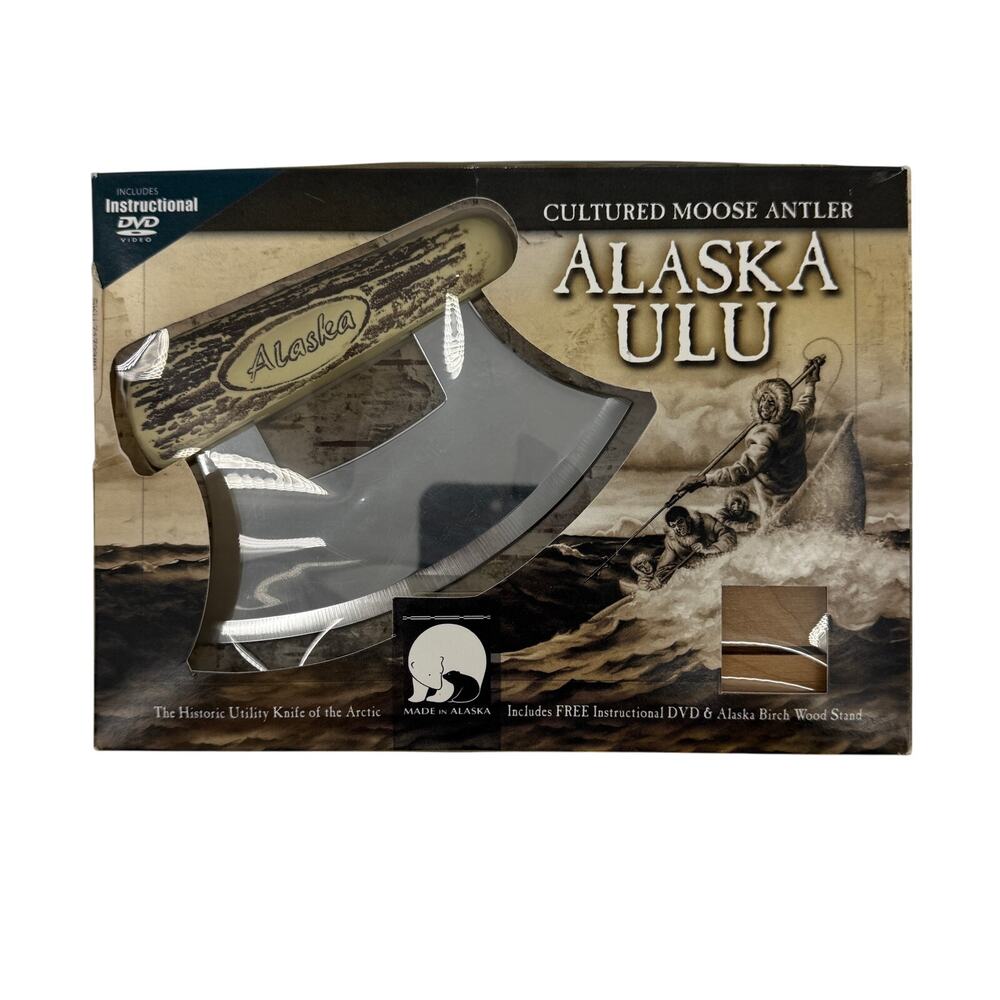 Great Alaska Ulu Company Alaskan ULU Chopping Knife with Wood Stand DVD Steel